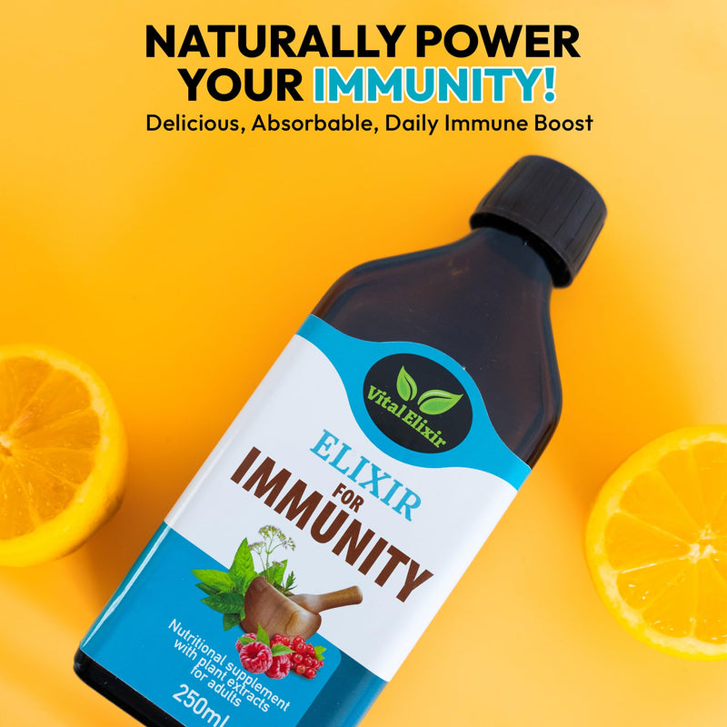 Elixir Immunity Herbal Liquid Vitamins Supplement - Black Elderberry, Vitamin C, B12, Cardamom & Calendula - Immune Support, Energy & Digestive Comfort - Vegan, Natural Fruit Flavour, 250ml