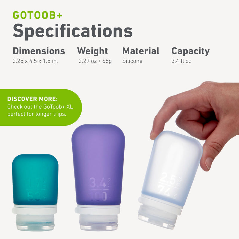 humangear GoToob+ 3-Pack, Large (3.4 fl oz), Clear/Green/Blue | Refillable & Leak-Proof Silicone Travel Size Bottles with Locking Cap for Toiletries, Camping & TSA Carry-On 3.4 Ounces