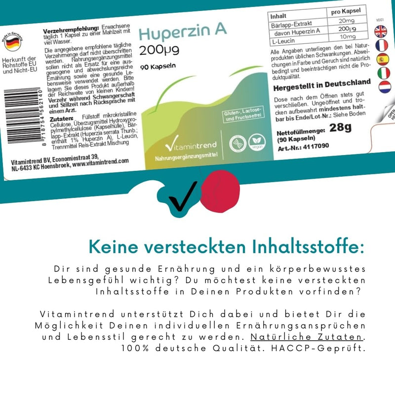 [Australia] - Huperzin A 200µg - from club moss extract - 90 capsules! 3 MONTH SUPPLY! high dosage - safe dosage - vegan - bioavailable supplements from Germany | Vitamin trend 