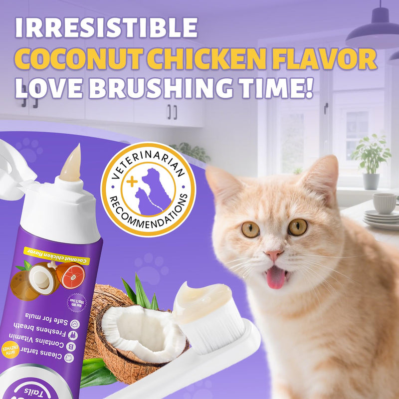 Cat Toothbrush and Toothpaste Kit - Includes Toothpaste (Coconut Chicken 2.5 oz.) Soft Brush, Finger Brush - Provides Safe and Effective Oral Care for Kittens and Adult Cats Coconut Chicken 0.83 Ounce (Pack of 3)