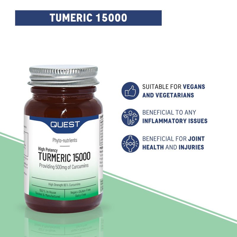 Quest - 30x Turmeric 15000 High Strength Turmeric and Black Pepper Tablets Quick Absorption Natural Joint Care Supplements Providing Total of 500mg of Curcumins. Vegan & Free from Gluten (1 Pack) Unflavoured 30 count (Pack of 1)