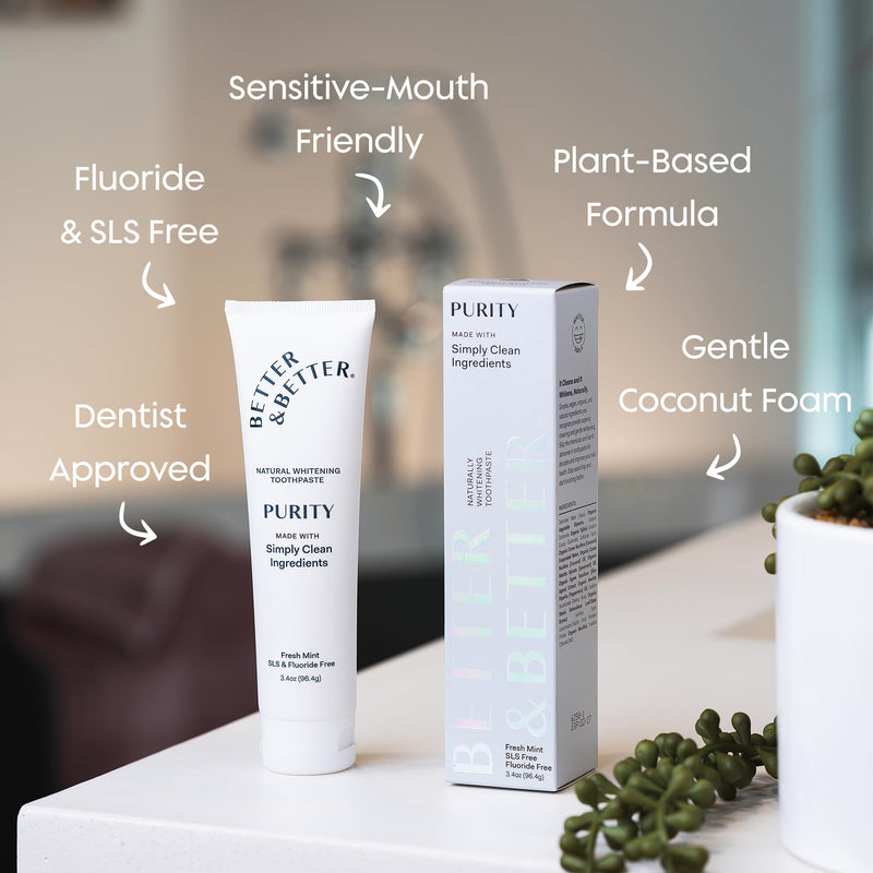 Better & Better Purity Toothpaste | Natural Whitening Toothpaste Without Additives | Organic, Vegan, Fluoride & SLS Free | Coconut-Based Formula w/Fresh Mint Flavor | 3.4oz 3 Pack