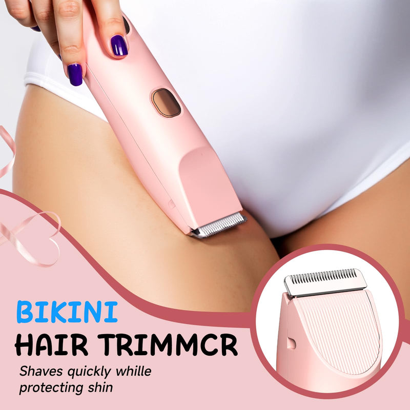 Bikini Trimmer for Women Electric Razors for Women, IPX7 Waterproof Hair Razor, Ceramic Blade Hair Trimmer Wet & Dry Use, Womens Painless Electric Shaver for Facial and Body-Pink Pink