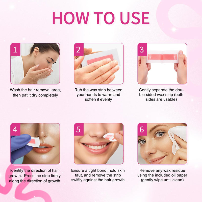 [Australia] - 48 PCS Facial Wax Strips with Rose Extract - Gentle Hair Removal for Face & Body for Women - At Home Waxing Kit with 6 Calming Oil Wipes for Sensitive Skin, Eyebrows, Upper Lip, Bikini Rose pink 1 Count (Pack of 48) 
