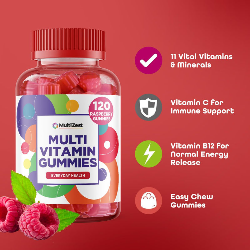 Multivitamin Gummies 120 | 4 Months Supply| One a Day | Raspberry Flavour Gummies for Adults with 11 Vitamins and Minerals| The Highest Strenght Supplement| Vitamins A, B, C, D E 120 count (Pack of 1)