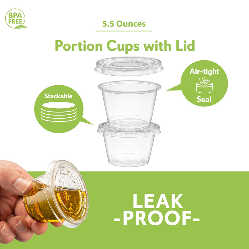 [Australia] - (5 oz - 100 Sets) Clear Diposable Plastic Portion Cups With Lids, Small Mini Containers For Portion Controll, Meal Prep, Sauce Cups, Slime, Medicine, Dressings, Crafts, Disposable Souffle Cups 5 Ounce 
