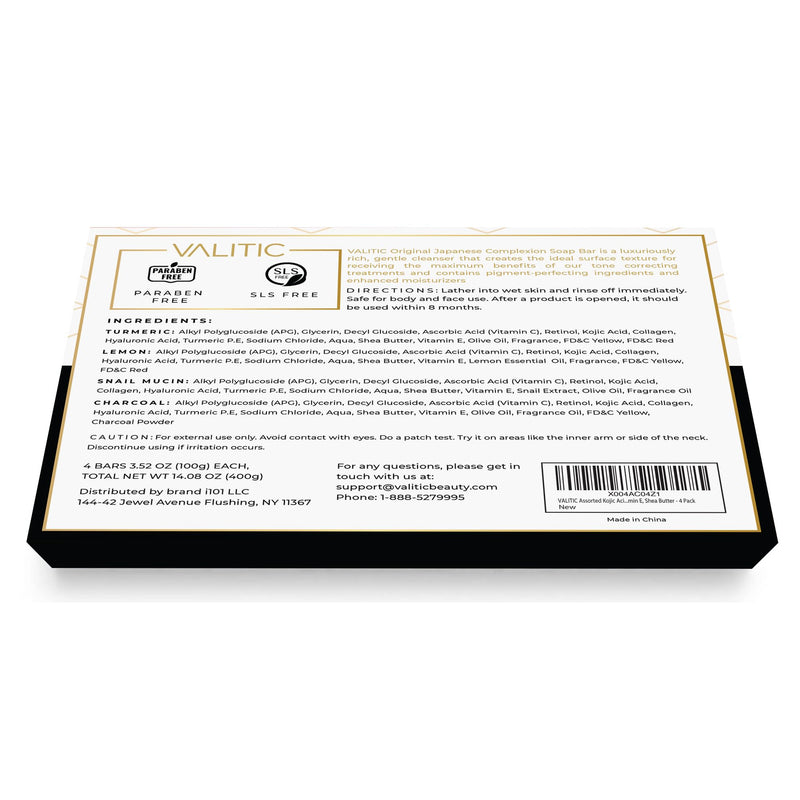 VALITIC Kojic Acid Soap Bars - Turmeric, Snail Mucin, Charcoal and Lemon - Holiday Skin Care Beauty Set Gift 4 Assorted Dark Spot Remover Soaps with Hyaluronic Acid, Vitamin C, Vitamin E, Shea Butter Variety Pack