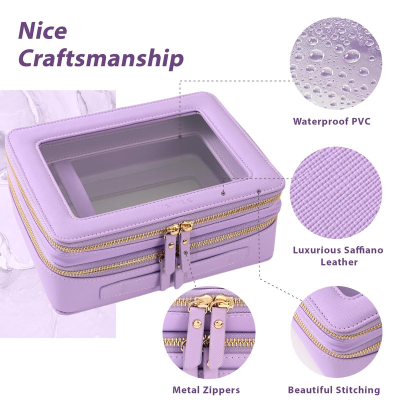 Aveniee Clear Makeup Bags, Double Layer Cosmetic Bags with a Separate Brush Compartment, Large Travel Toiletry Bag Train Case for Women, Travel Accessories Organizer.2 Layers Large, Lilac Dual Layer Large