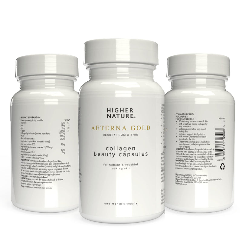 Higher Nature - Æterna Gold Collagen Beauty Capsules - 10 Skin Loving Ingredients - Hydrolysed Marine Collagen - Vitamin C - Responsibly Sourced - 90 Capsules
