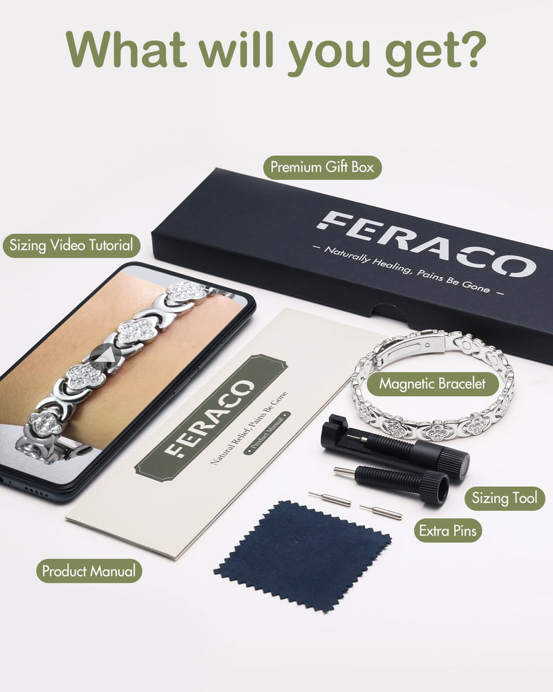 [Australia] - Feraco Magnetic Bracelets for Women with 3800 Gauss Effective Magnets, Stainless Steel Bracelet with Sparkling Zirconia, Infinite Symbol Silver Clover 