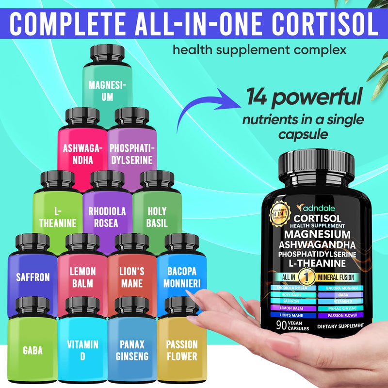[Australia] - Adndale Cortisol Supplements for Women. Cortisol Supplement 14-in-1 Ashwagandha Supplement with Magnesium Glycinate, L-Theanine & More. 90 Capsules. 