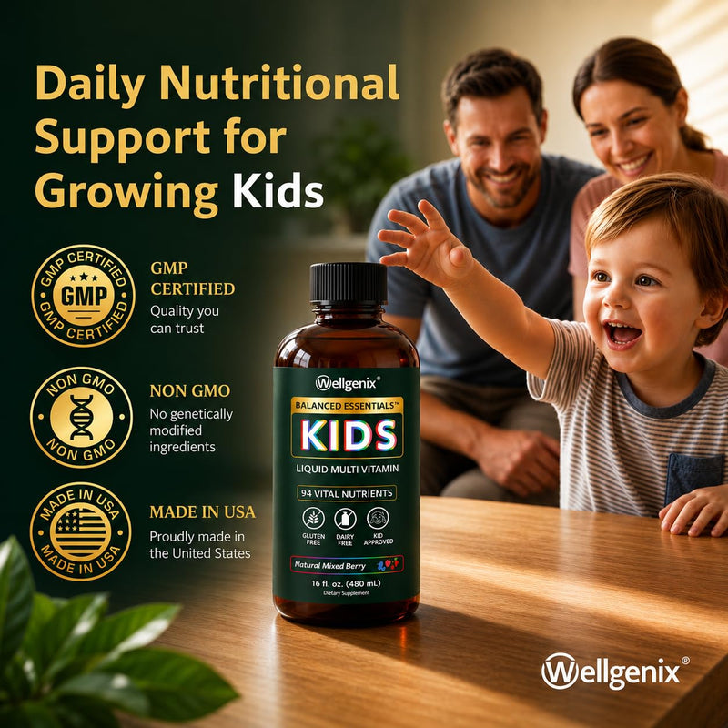 Wellgenix Balanced Essentials Kids Liquid Multivitamin, 16 Fl Oz | 94 vital nutrients, vitamins, minerals, and omega 3-6-9 in a mixed berry liquid picky eaters enjoy, no gummies or pills 1