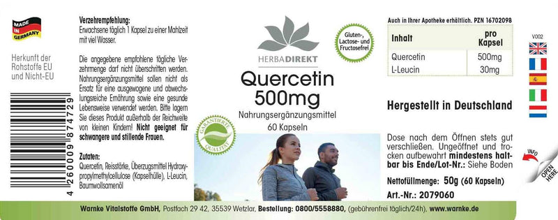 [Australia] - Quercetin 500mg - 60 capsules - high dosage | HERBADIREKT by Warnke vital substances - German pharmacy quality 