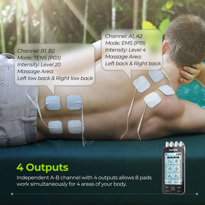 AUVON 4 Outputs TENS Unit Muscle Stimulator for Pain Relief, Large LCD | 24 Modes TENS Machine, Drug-Free Pain Relief Therapy for Shoulders, Lower Back & Muscles, 10 Pcs 2" and 2"x4" TENS Pads