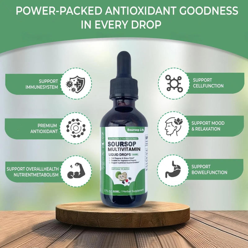 Soursop multivitamin Drop Natural Energy Booster, Immune Support, Vegan,Gluten Free,Non-GMO Vitamin B6,C,D, 60ml