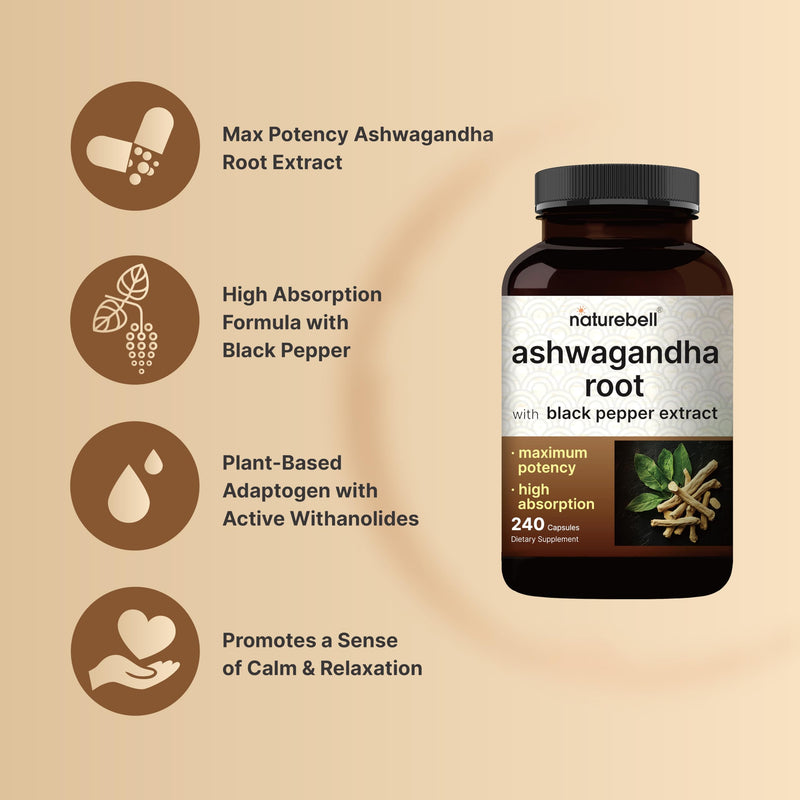 [Australia] - NatureBell Ashwagandha 12,500 mg Equivalent with Black Pepper, 240 Capsules | High Absorption Complex ‚Äì Extra Strength 25:1 Root Extract ‚Äì Adaptogens Supplements for Relaxation ‚Äì Non-GMO 