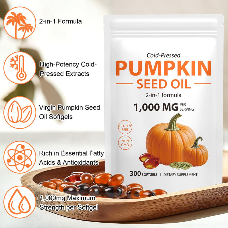 Pumpkin Seed Oil Capsules 300 Softgels - Cold Pressed Virgin Pumpkin Seed Oil Supplement with Essential Fatty Acids & Phytosterols - Supports Hair Growth, Urinary, Bladder & Prostate Health, Non-GMO