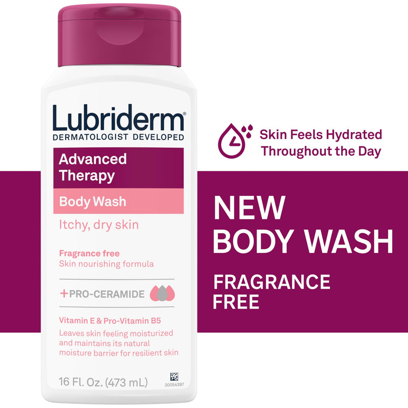 Lubriderm Advanced Therapy Unscented Body Wash, Vitamin E, 16 fl. Oz | Pro-Ceramide, Vitamin E & Pro-Vitamin B5, Gently Cleanses Itchy Dry Skin, Fragrance Free, Hypoallergenic Therapy Body Wash