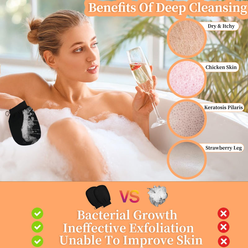 [Australia] - Exfoliating Glove Body Scrubber, Premium Exfoliating Mitt for Normal to Dry Skin, Body Exfoliator for Self-Tan Removal and Applicationin, Made of Viscose Fiber （2 Black） 