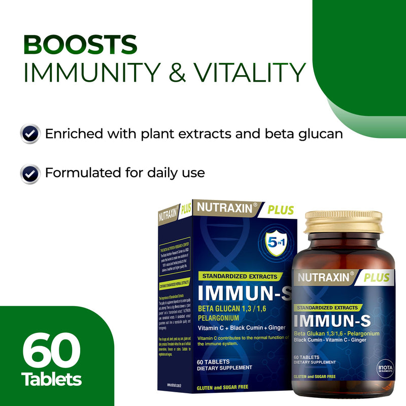Nutraxin IMMUN-S - Immune System Booster with 200mg Beta Glucan 1,3/1,6, Vitamin C, Black Cumin, Ginger & Geranium Extracts - Allergen-Free, 2 Tablets per Day for Adults - 60 Tablets