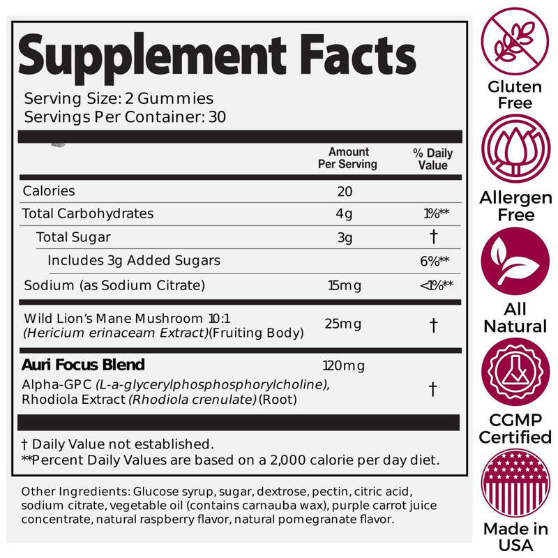 [Australia] - Auri Super Mushroom Focus Gummies - w/Lion's Mane, Alpha GPC & Rhodiola - Mushrooom Supplement to Support Cognitive Function, Mental Clarity, Focus & Energy | 60 Gummies, Vegan Friendly, Non GMOs 