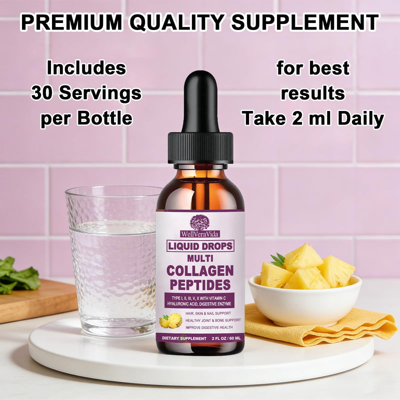 Liquid Collagen for Women & Men, Multi Hydrolyzed Collagen Peptides | Fast Acting Hidrolizado Collagen Types I, II, III, V, X, Proteins w. Hyaluronic Acid, Biotin Vitamin C for Hair, Skin & Nails Pineapple 2 Fl/Oz (Pack of 1)