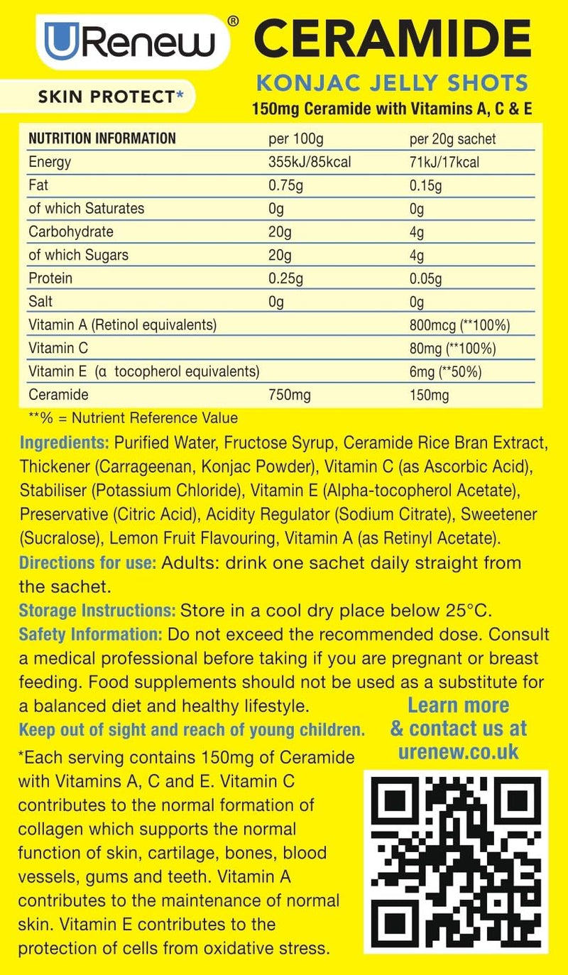 Ceramide Skin Care Supplement 150mg - 14 Sachets (2 Boxes of 7 sachets) - Lemon Flavour - Hydration Support - Food Supplement