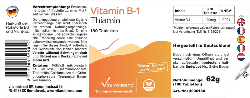 [Australia] - Vitamin B1 (thiamine) 100mg -180 vegan tablets! 6 MONTH SUPPLY! High dosage | Vitamintrend® 