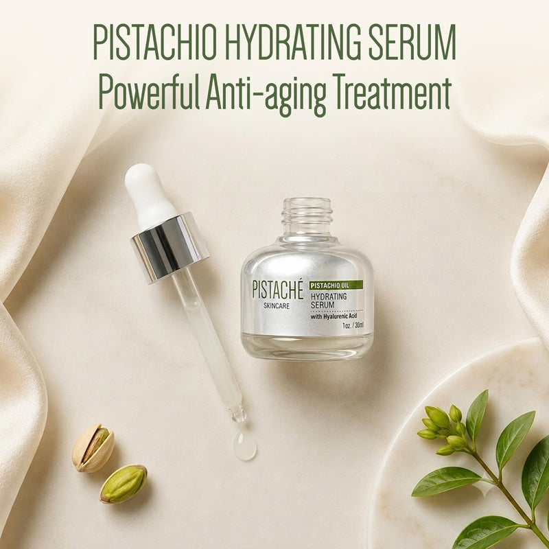 PISTACHÉ SKINCARE Hydrating Face Serum, Hyaluronic Acid Vitamin E, 1oz | Rejuvenating antioxidant oil protects against fine lines for smooth, radiant skin. Lightweight formula absorbs quickly.