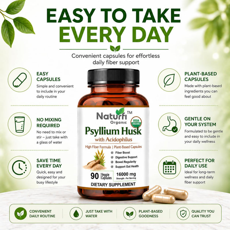 Naturfi Organic - Fibre Supplement 16,000 mg Psyllium Husk with Acidophilus - High Strength - Natural Soluble Fiber Supplement from Plantago Ovata Seeds, Vegan Capsules (270 Capsules (Pack of 3)) 270 Capsules (Pack of 3)