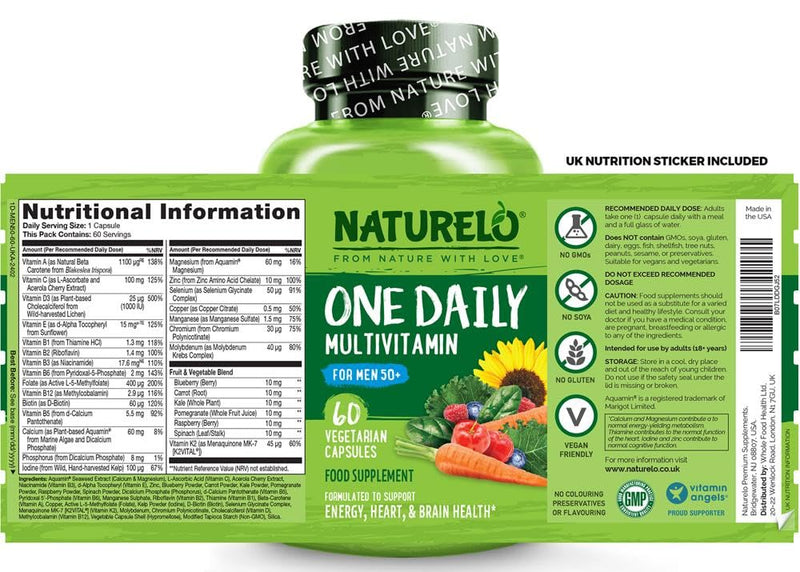 Men’s 50+ Multivitamin Easy One a Day | 60 Vegan Capsules (2 Month Supply) | 29 Essential Vitamins, Minerals & Fruit & Veg Extracts, for Men’s Health and Vitality | NATURELO 60 count (Pack of 1)