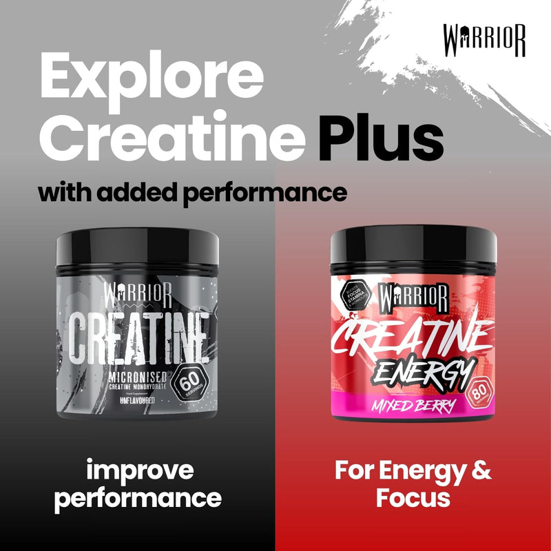 Warrior Creatine Monohydrate Powder + Energy 360g (80 Servings) – Micronised Creatine Powder Supplement + Vitamin B & Caffeine for Energy & Focus, Pre & Post Workout for Men & Women – Mixed Berry