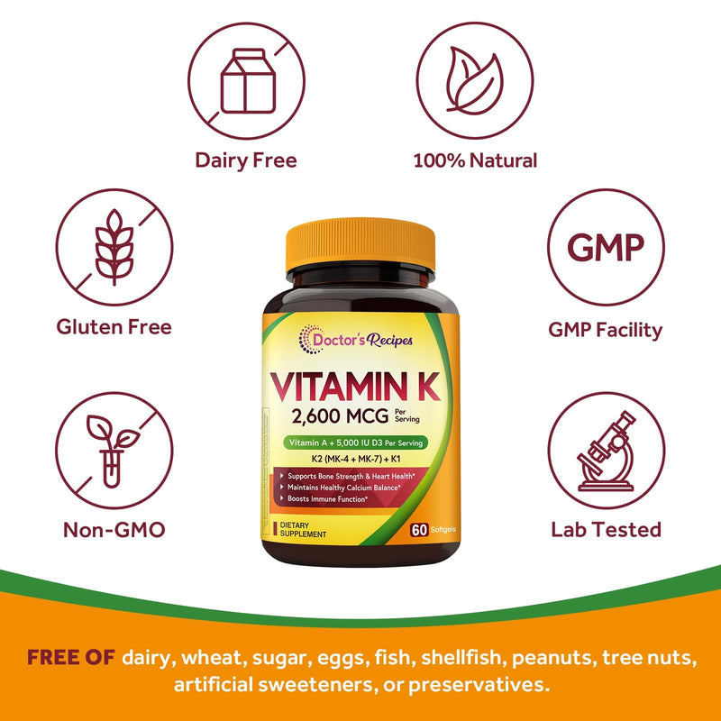 Doctor's Recipes Vitamin K with Vitamin A & D3, K1 + K2 (MK-7 & MK-4), 2,600mcg Per Serving, Enhanced Bioavailable Formula, Max Absorption, Heart & Bone Support, 60 Softgels