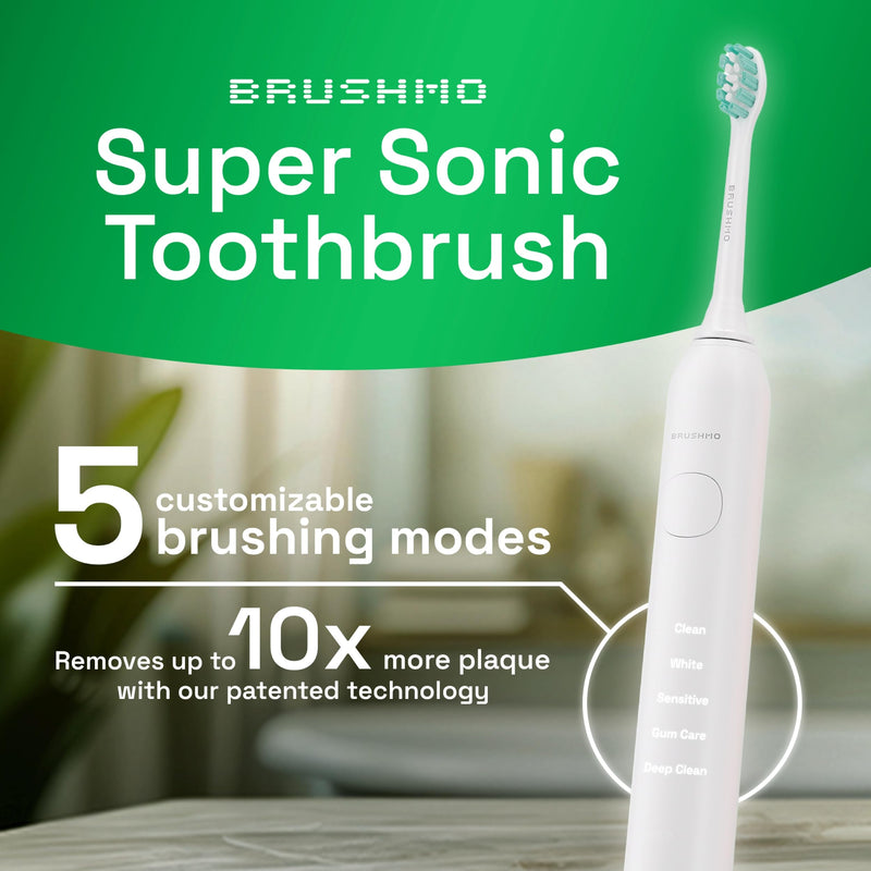 [Australia] - Brushmo Super Sonic Electric Toothbrush with 4 Replacement Heads - Rechargeable Electronic Tooth Brush for Adults with 5 Customizable Modes - IPX7 Waterproof & Long-Lasting Battery - White 4 Count (Pack of 1) 