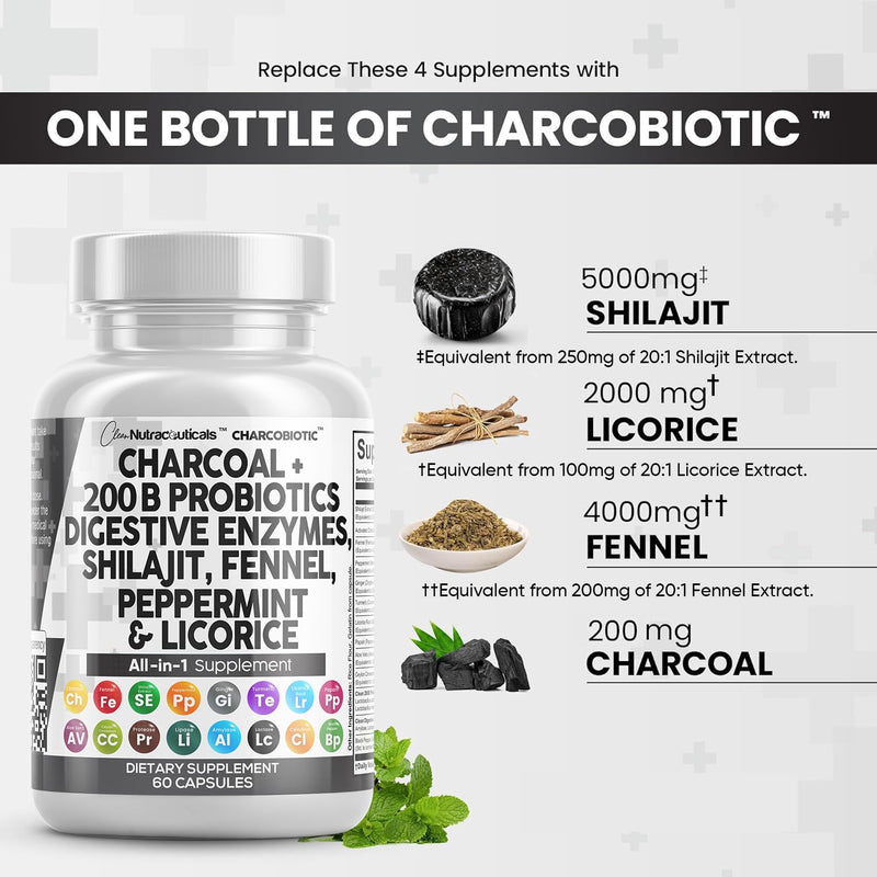 [Australia] - Clean Nutra Activated Charcoal Capsules Shilajit 5000mg Pills Probiotic 200 Billion + Digestive Enzymes for Digestive Health with Peppermint Fennel Licorice Papain Ginger Turmeric | Gut Health 