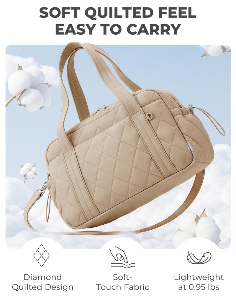 Percover Weekender Bag for Women, Ultra Lightweight Travel Duffle, Carry On Personal Item Overnight Bag with Toiletry Pouch & Compartments, Quilted Gym & Travel Bag, Camel Tan