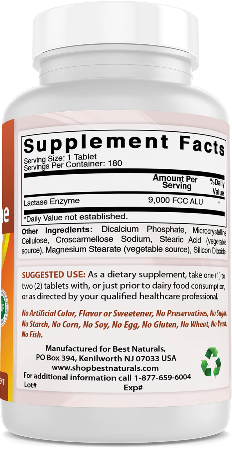 [Australia] - Best Naturals Lactose Intolerance Relief Tablets with Natural Lactase Enzyme, Fast Acting High Potency Lactase, 9000 FCC ALU, 180 Count 180 Count (Pack of 1) 