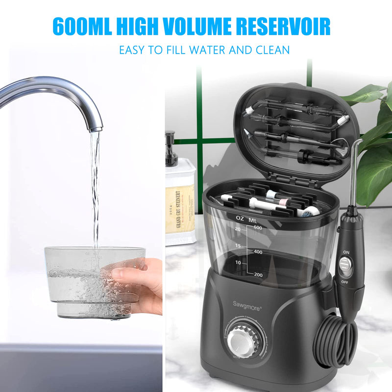[Australia] - Sawgmore Electric Oral Irrigator with 10 Pressure Levels and 8 Nozzles, Professional Water Flosser for Dental Cleaning, 600ML Water Tank, Perfect for the Family Black 