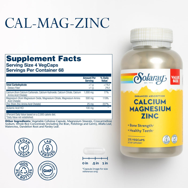 [Australia] - SOLARAY Calcium Magnesium Zinc Supplement - with Calcium 1000mg, Magnesium 500mg - Bone Health, Muscle Function, Heart Health and Immune Support - Vegan, 60 Day Guarantee, 68 Servings, 275 VegCaps 275 Count (Pack of 1) 