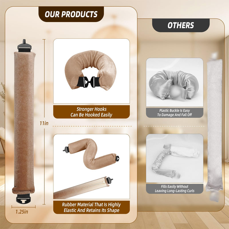 Heatless Curls Overnight Rods Jumbo Set, Heatless Hair Curler Velvet Satin Jumbo Flexi Rods to Sleep in, No Heat Overnight Sleeping Blowout Curls Wave Styling Tools with Silk Scarf 4pcs Khaki