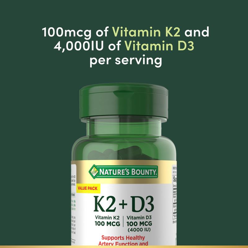 Nature’s Bounty Vitamin D3 K2 Supplement, 4000 IU Vitamin D3 plus 100 mcg of Vitamin K Supplements for Adults for Heart & Bone Health Support, 60 Day Supply, 60 Vegetarian Capsules 60 Count (Pack of 1)