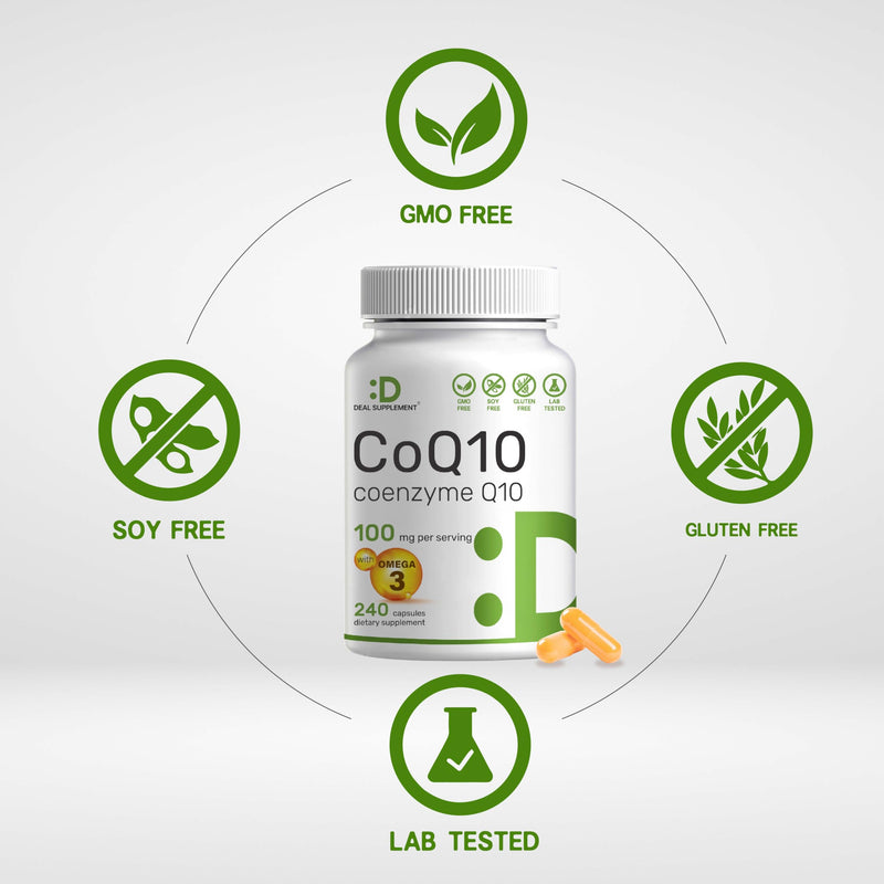 [Australia] - CoQ10 100mg, 240 Capsules – with Omega 3 Fatty Acid 100mg – Bioavailable Coenzyme Q10 Supplements – Heart, Energy, & Brain Health Antioxidant Support – Non-GMO, One A Day 240 Count (Pack of 1) 
