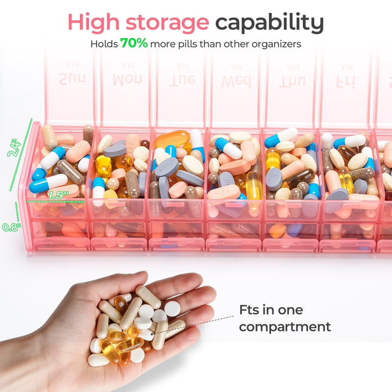 Daviky Extra Large Weekly Pill Organizer 2 Times a Day, XXL Pill Box 7 Day | BPA-Free Daily Medicine Case with AM PM Large Compartments, Jumbo Pill Holder for Fish Oils, Vitamins & Supplements Pink