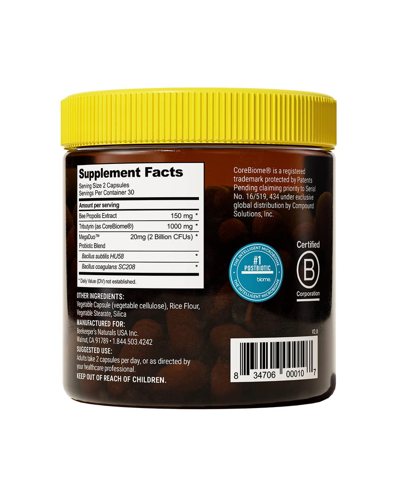 [Australia] - Beekeeper's Naturals Complete Gut Health, 3-in-1 Prebiotic, Postbiotic, Probiotics for Digestive Health & Bloating Relief for Women & Men, Propolis Powered, Gluten-Free Vegan Capsules, 60ct 60 Count (Pack of 1) 