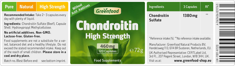Greenfood Chondroitin, 460 mg, high dose, 120 Capsules - high bioavailability. Without Artificial additives, Without Genetic Engineering.