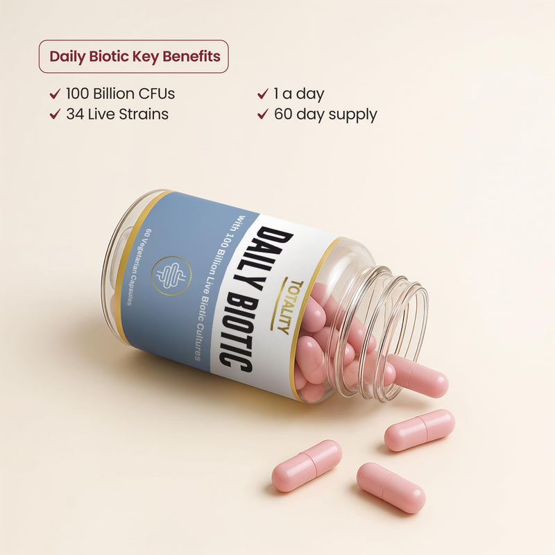Totality Daily Biotic 60 Vegetarian Capsules I 100 Billion CFU Probiotics with 34 Prebiotics & Digestive Enzyme Strains I 2 Month Supply I Daily Digestive Support Supplement