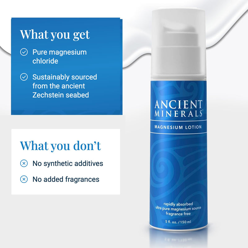 Ancient Minerals Magnesium Cream Lotion, Zechstein Chloride, 5oz | Magnesium chloride cream with shea butter, organic oils & hyaluronic acid. Non-greasy body lotion for skin hydration. 5 oz. 5 Fl Oz (Pack of 1)