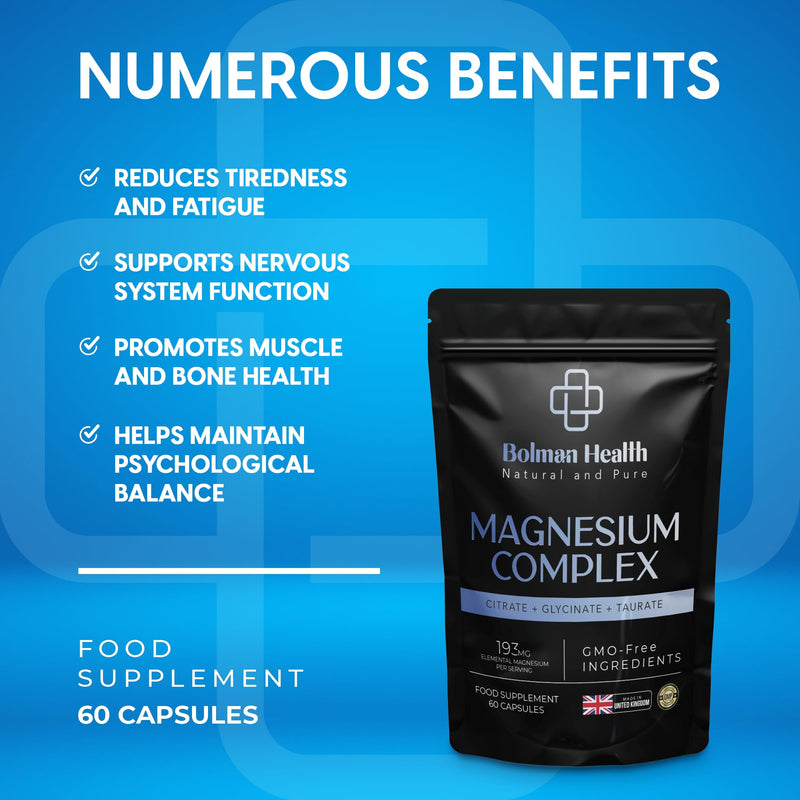 Magnesium Complex | Citrate, Glycinate & Taurate | 193mg Elemental Magnesium Per Serving | Supports Muscle Function, Nerve Function & Energy | 60 Vegan Capsules | Non-GMO 60 count (Pack of 1)