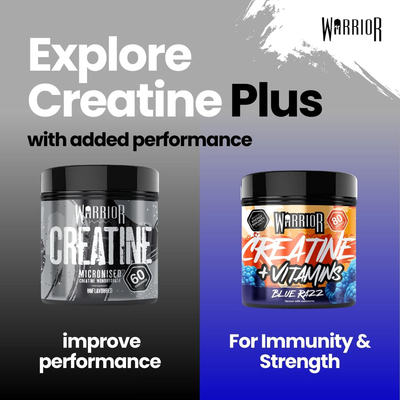 Warrior Creatine Monohydrate 360g (80 Servings) – Creatine Powder + Multivitamin with Magnesium & Vitamin D – All-in-One Gym & Sports Performance Formula for Strength, Muscle & Energy – Blue Raspberry Blue Razz