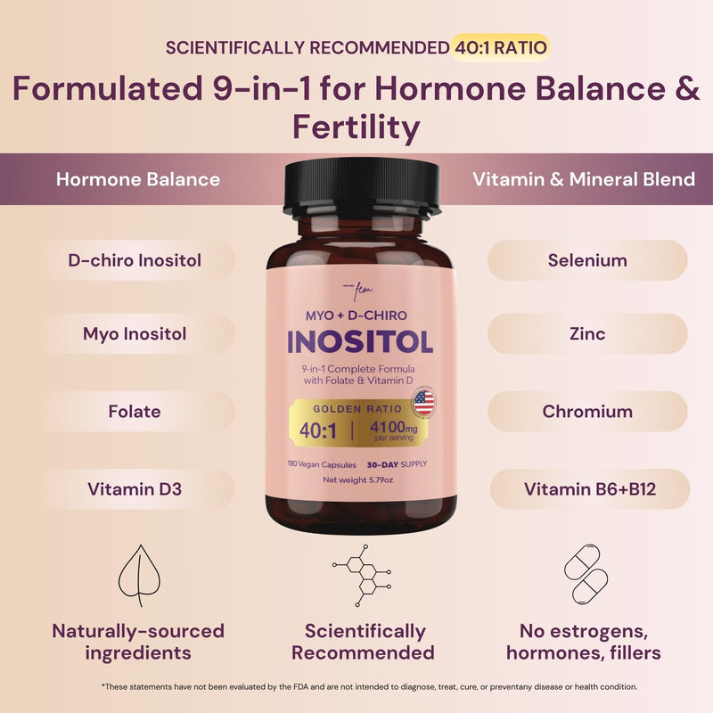QSTA Myo-Inositol & D-Chiro Inositol Supplement for Women 4100mg (40:1 Ratio) – 9-in-1 Hormonal & Metabolic Support with Folate, Vitamin B6, B12, D3, Zinc & Chromium 180 Count (Pack of 1)